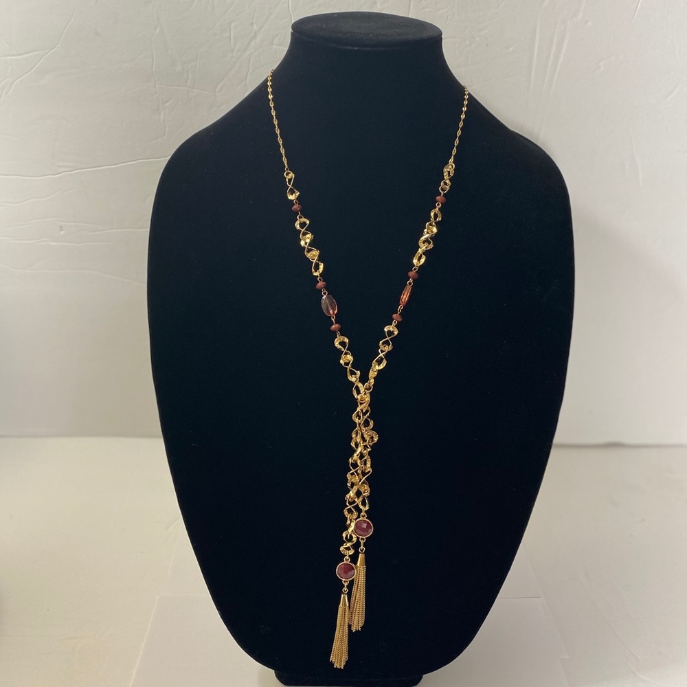 golden twists with Burgundy beads necklace - Picture 2 of 8